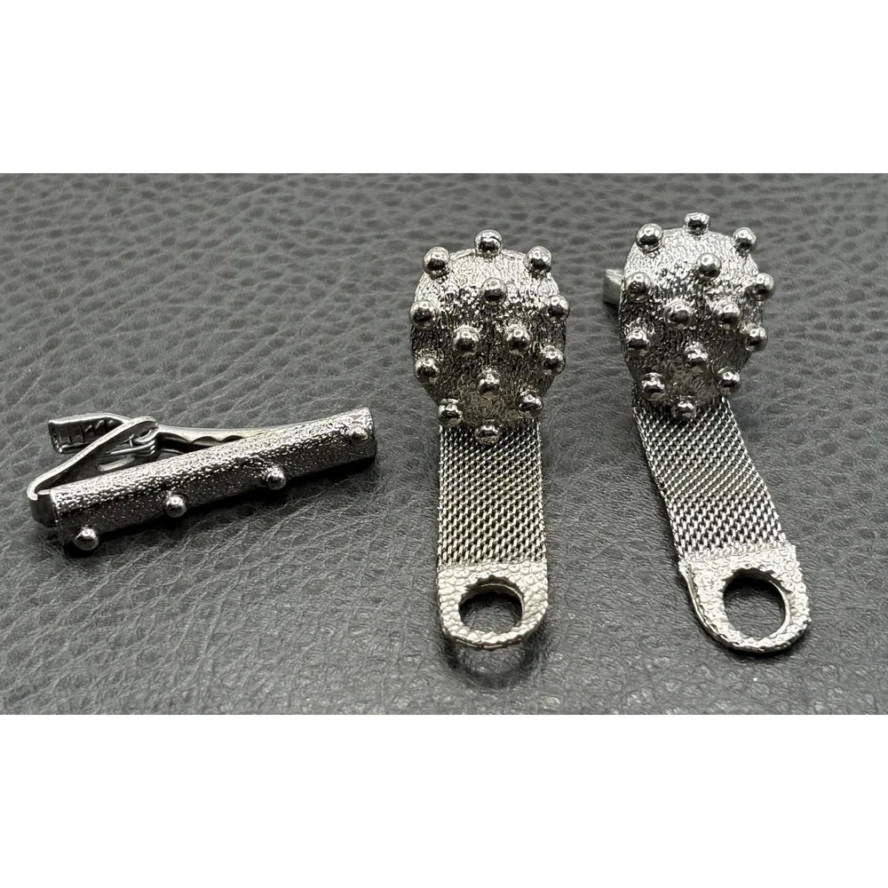 VTG Modernist Atomic MCM Stud Mesh Wrap Cufflinks Tie Clip Set Silver Tone